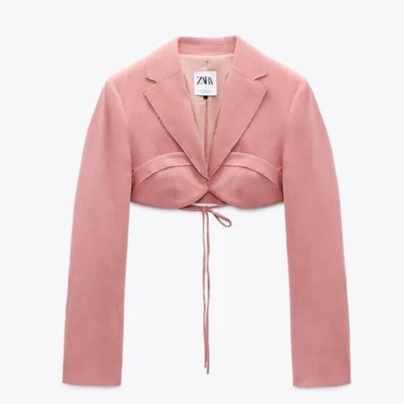 ZARA Cropped Stitch Detail Blazer Sz Medium Pink - Picture 5 of 9